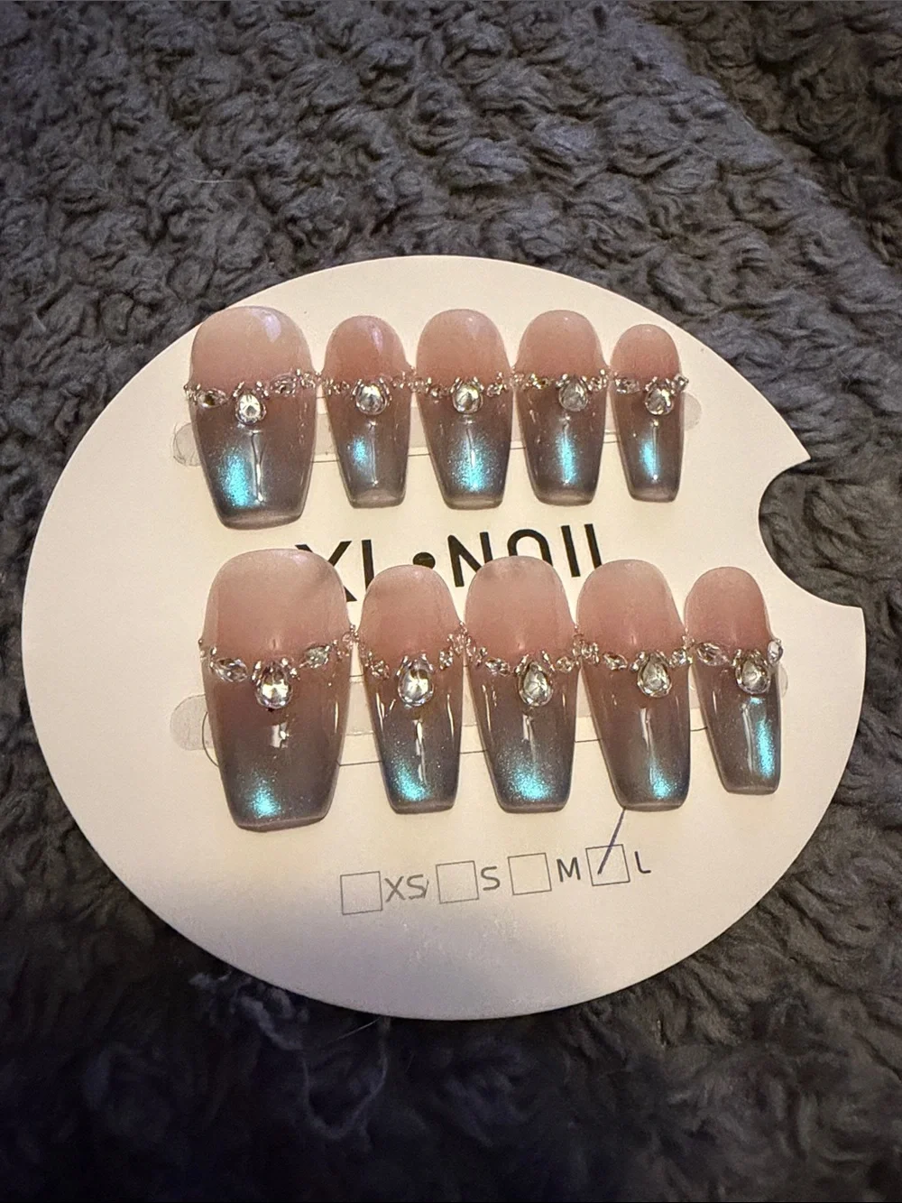 Handmade acrylic Press-On Nail Set with Iridescent Blue Ombre and Rhinestones